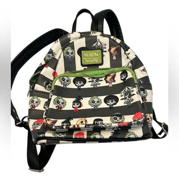 Loungefly Black and White Striped Beetlejuice Beetlejuice Backpack EUC - Picture 1 of 15